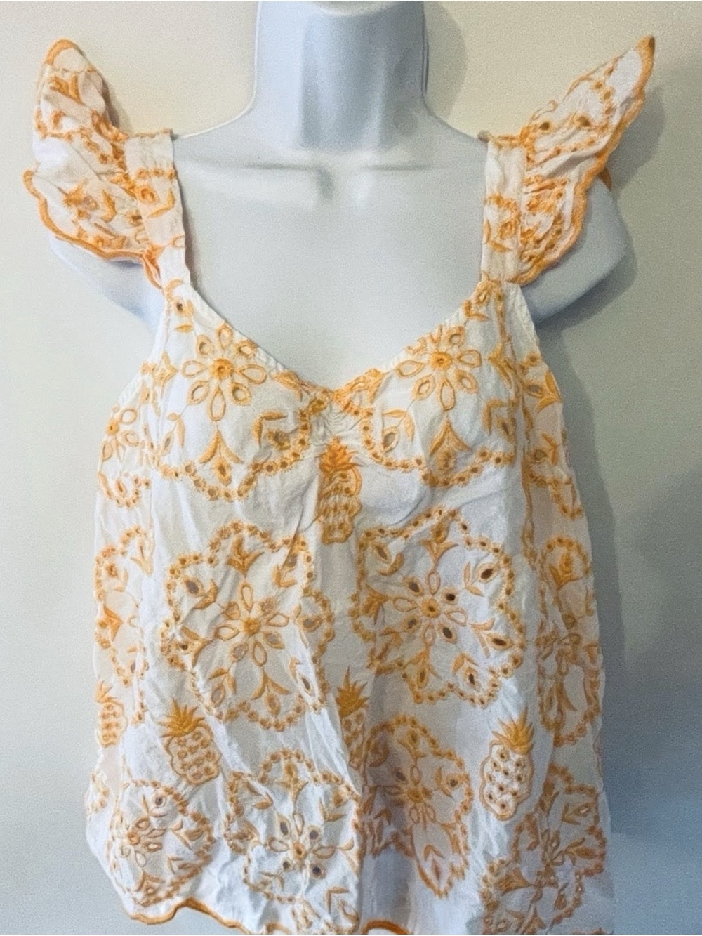 Cato White Camisole with Orange Embroidered Motif and Ruffle Straps